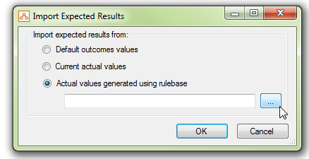 Import Expected Results Dialog in Policy Modeling showing 'Actual values generated using rulebase' option selected